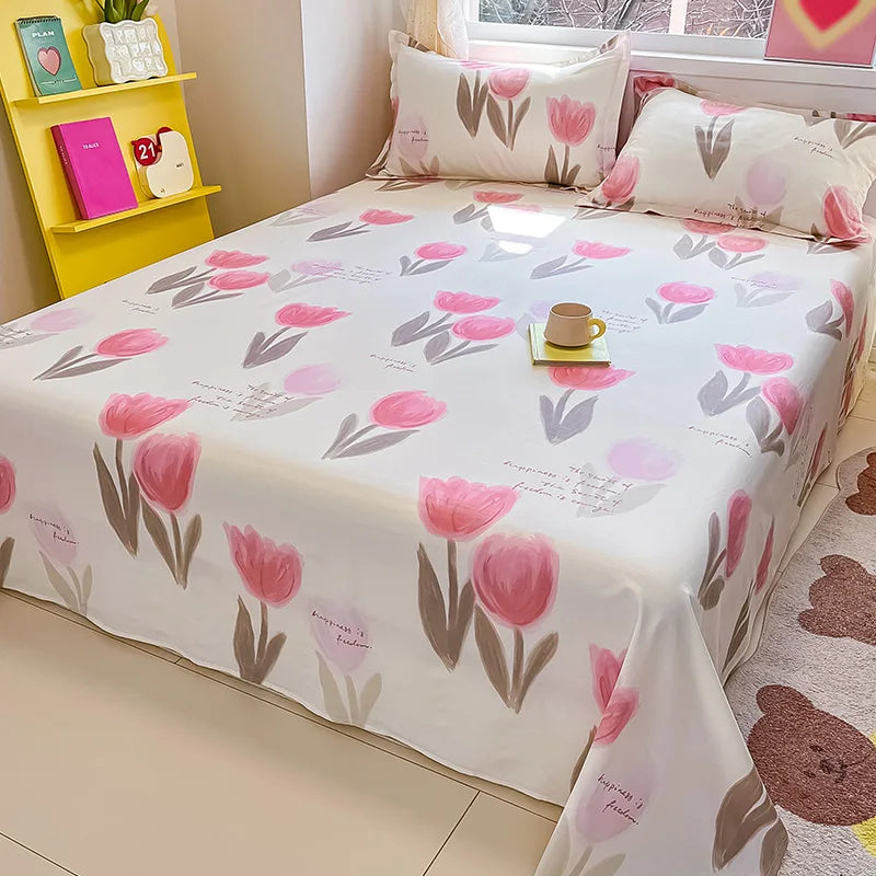 🌸 1-Piece 100% Cotton Flower Print Bed Sheet – Single/Double/Queen/King Size, Kids & Adults Bedding