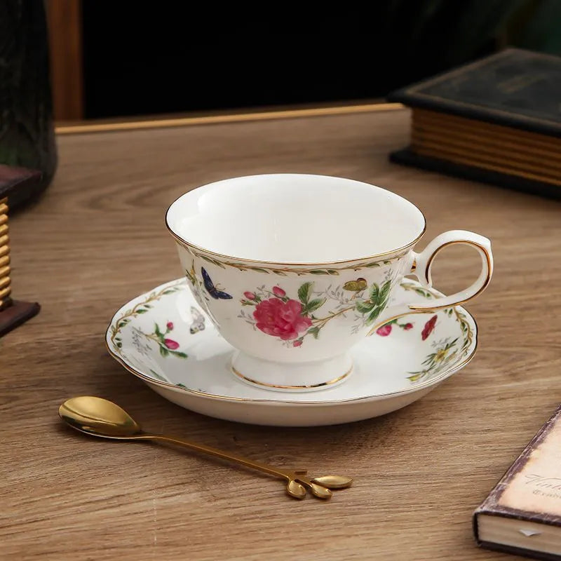 Ceramic Coffee Cup, Saucer & Spoon Set – European Porcelain Mug with Flower Design, Coffee & Tea Gift Set