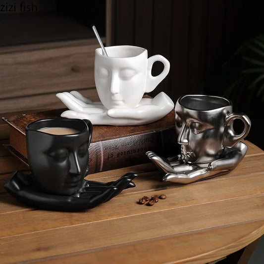 Abstract Face Ceramic Mug Set – Electroplated Coffee Cups with Artistic Design