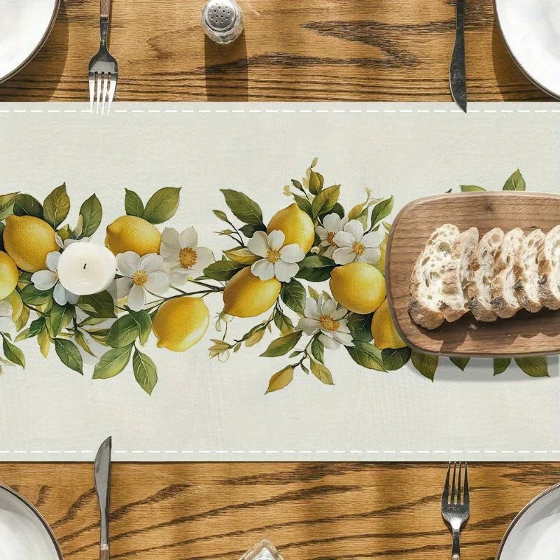 Spring Lemons & Flowers Linen Table Runner – Seasonal Summer Holiday Decor for Kitchen & Dining Table