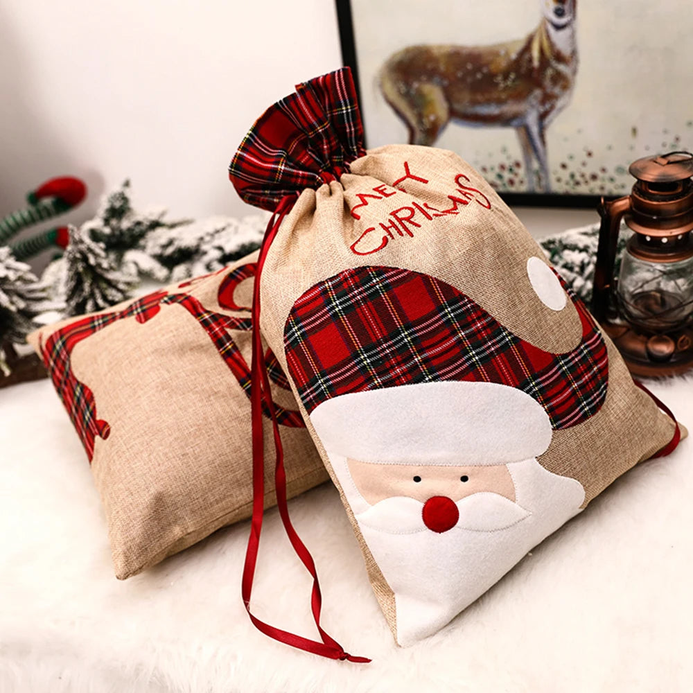 🎄🎁 Large Luxury Christmas Gift Bag – Drawstring Linen Packing Bag with Elf Design | Merry Christmas Accessories & Holiday Packaging ✨🎅