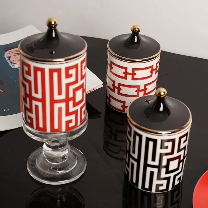 Gold-Plated Stripe Ceramic Storage Jar – Elegant Candle, Candy & Jewelry Holder