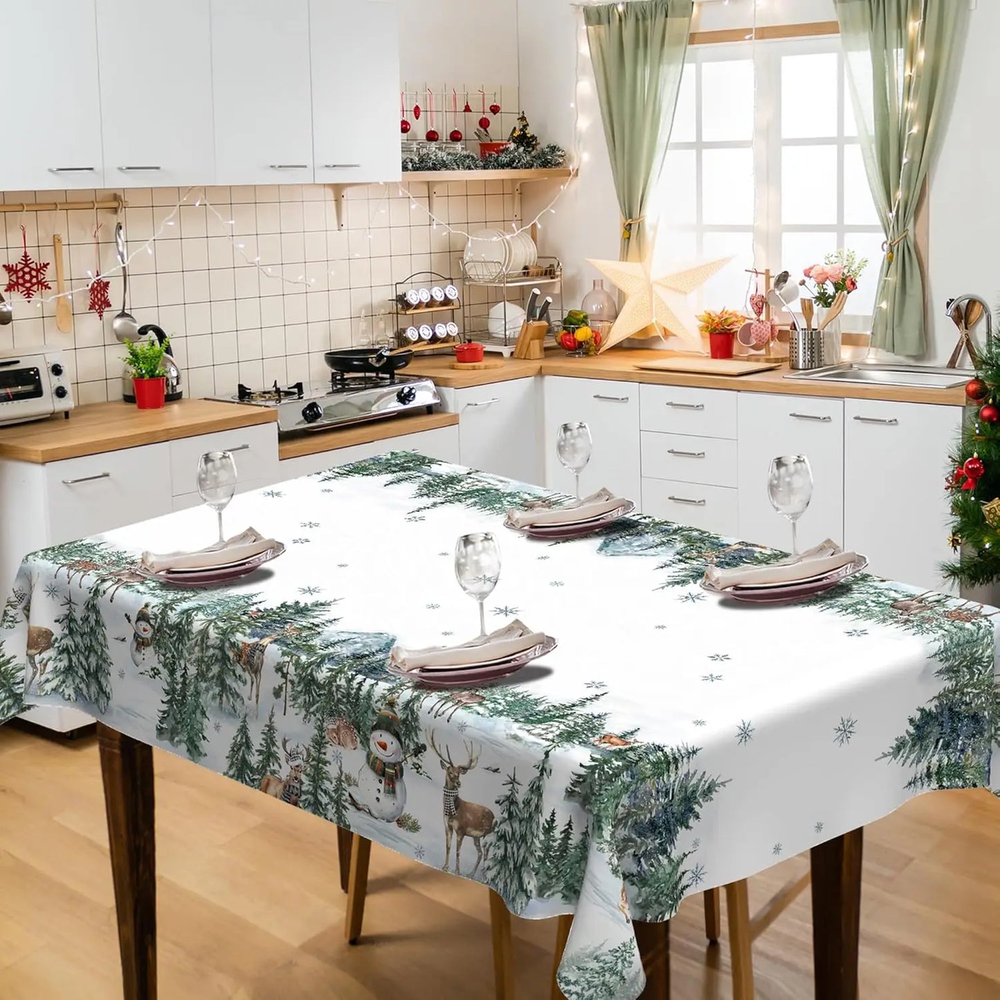 Merry Christmas Snowman & Deers Tablecloth 🦌⛄ | Washable Polyester Table Cover for Festive Dining Decor ✨