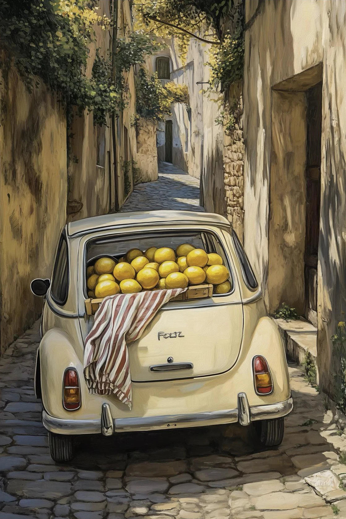 Retro Mediterranean Landscape Canvas – Greek  Lemon, Orange & Olive Tree Wall Art