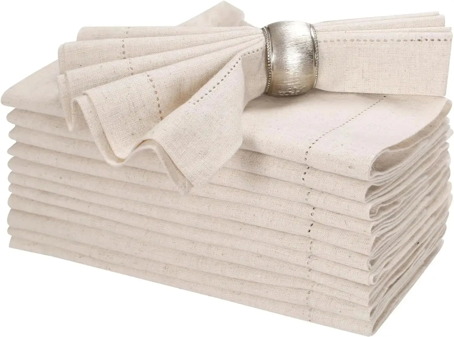 Set of 6 Hemstitched Natural Linen Napkins – Christmas Cloth, Washable Flax Dinner Napkins