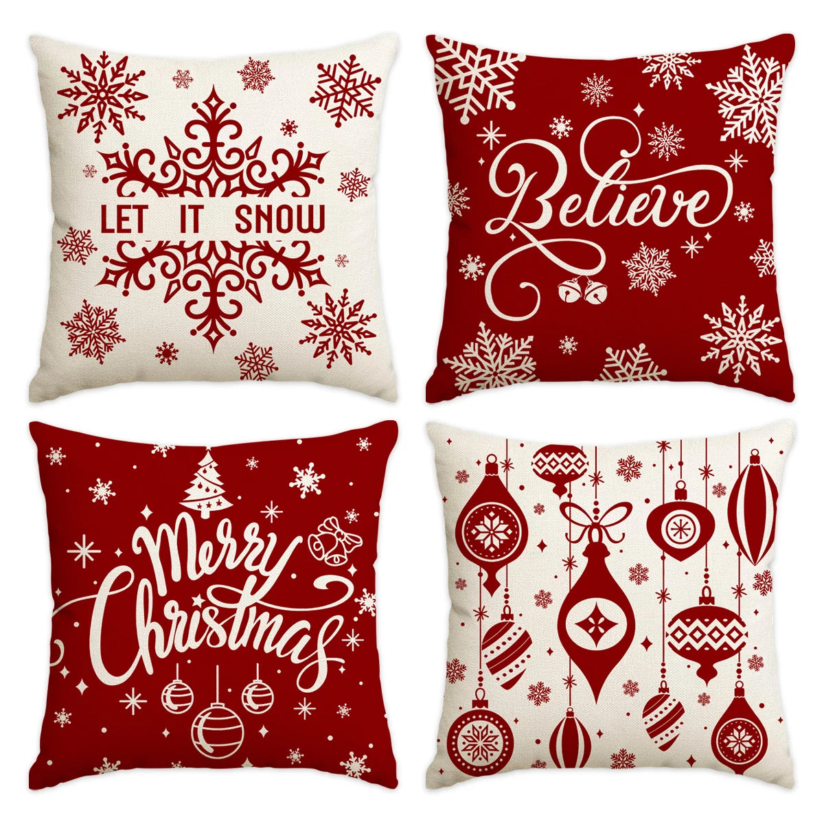❄️Red Snowflake & Letter Printed Christmas Pillow Covers (1/4pcs) - Festive Holiday Cushion Decor 🎄