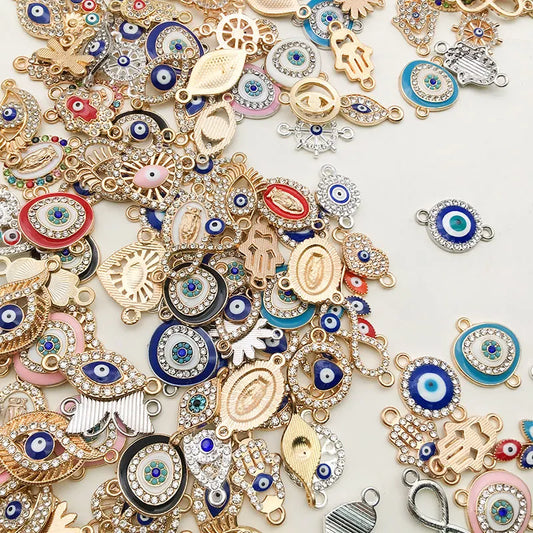 Blue Evil Eye Talismans with Sparkling Crystals – Protection Amulet Charms for Jewelry Making & Home Décor