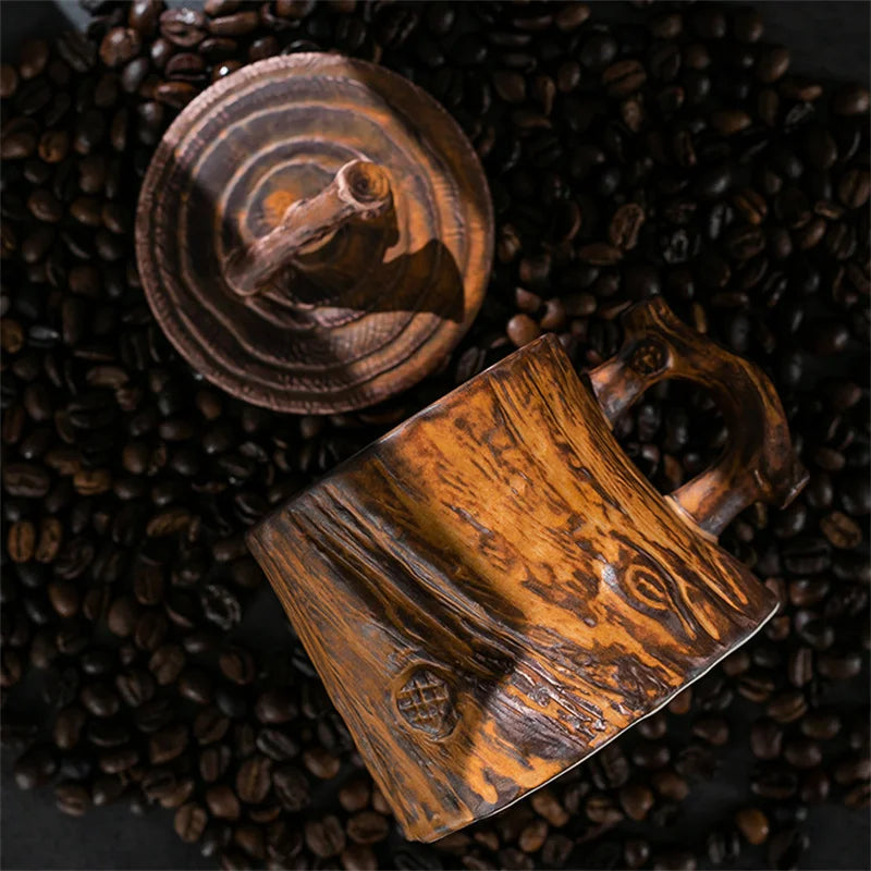 Vintage Tree Stump Ceramic Mug – Wood Texture Coffee Cup with Handle & Lid