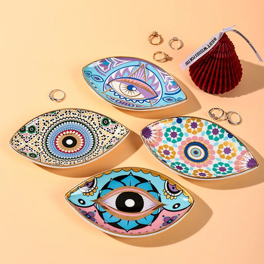 Greek Evil Eye Ceramic Jewelry Tray – Trinket Dish for Rings, Earrings & Necklaces – Decorative Plate for Home Decor