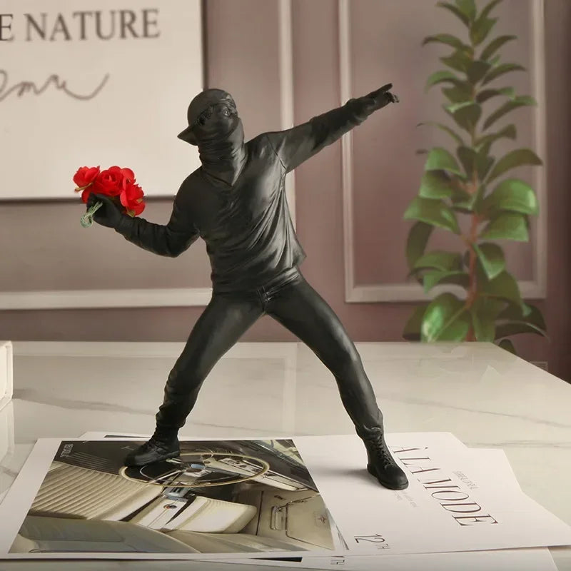 Modern Banksy-Inspired Flower Thrower Resin Sculpture – Designer Figurine for Living Room & Home Décor