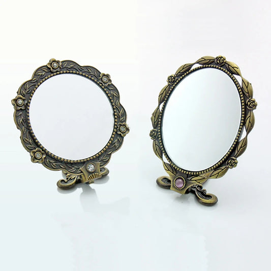"Vintage Metal Handheld Makeup Mirror – Mini Folding Compact Mirror with Long Handle, Elegant Cosmetic Mirror for Women