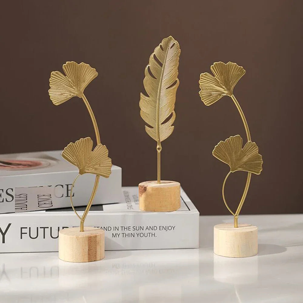 Golden Leaf & Feather Metal Figurines