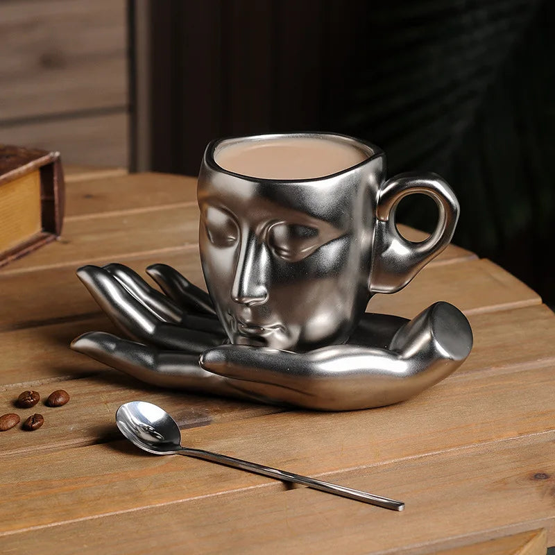 Abstract Face Ceramic Mug Set – Electroplated Coffee Cups with Artistic Design