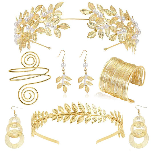 FTCY Vintage Greek Jewelry Set for Women – Gold Bracelets, Earrings & Headwear, Baroque Style Adjustable Accessories Gift"