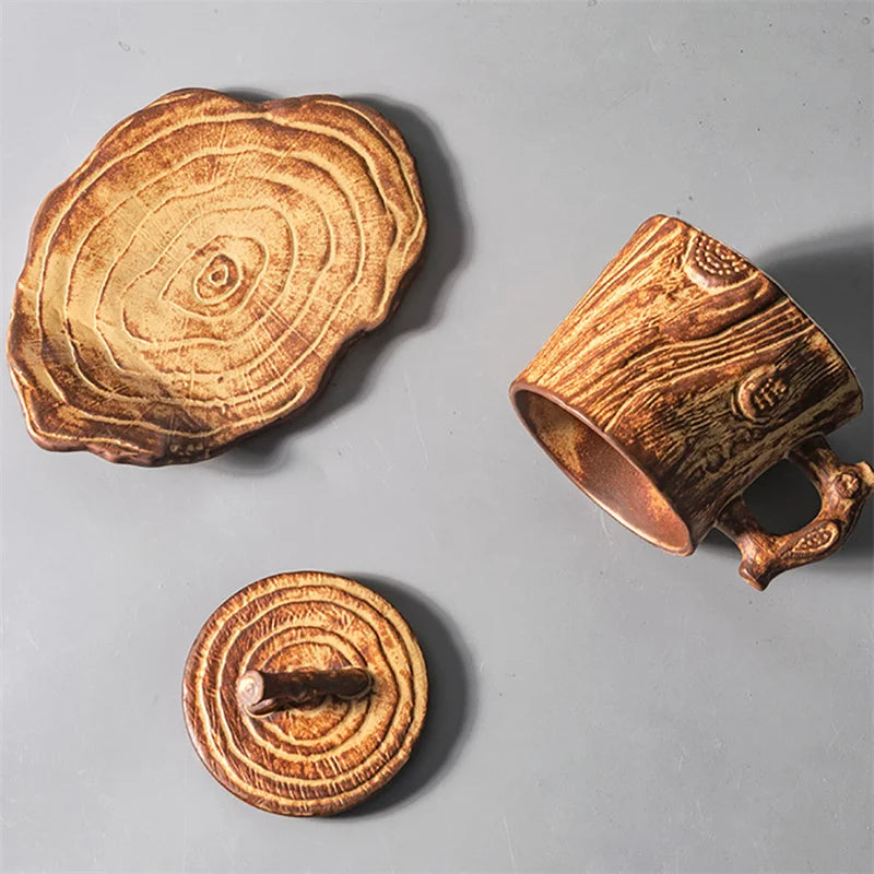 Vintage Tree Stump Ceramic Mug – Wood Texture Coffee Cup with Handle & Lid
