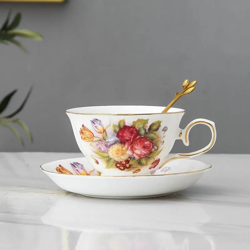 Ceramic Coffee Cup, Saucer & Spoon Set – European Porcelain Mug with Flower Design, Coffee & Tea Gift Set