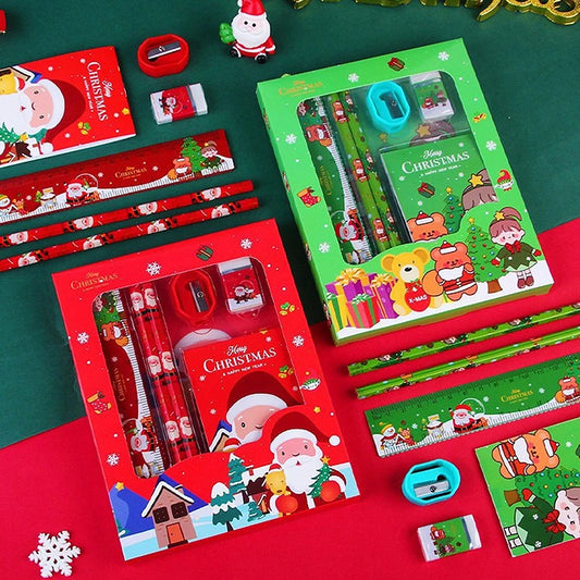 🎄📝 1 Set Christmas Stationery Set – Kids Cartoon Pencil, Eraser, Ruler, Memo Pad & Sharpener | School Supplies & Holiday Gift 🎅🎁