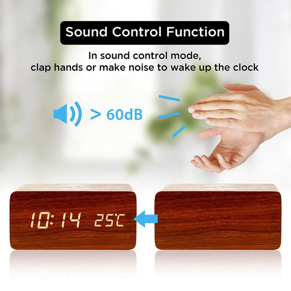 LED Digital Wooden Alarm Clock – USB/AAA Powered Table Clock with Temperature, Humidity, Wireless Charging for Desk