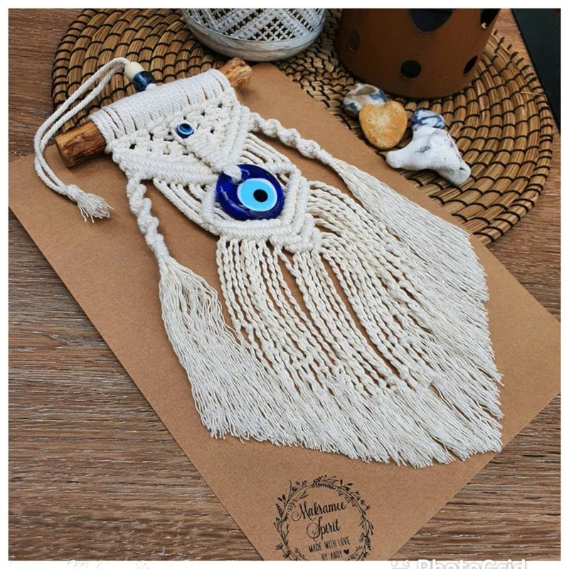 Handmade Macrame Wall Hanging with Blue Greek Evil Eye
