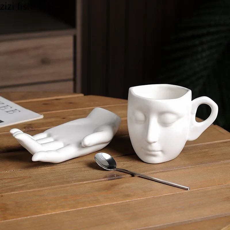 Abstract Face Ceramic Mug Set – Electroplated Coffee Cups with Artistic Design