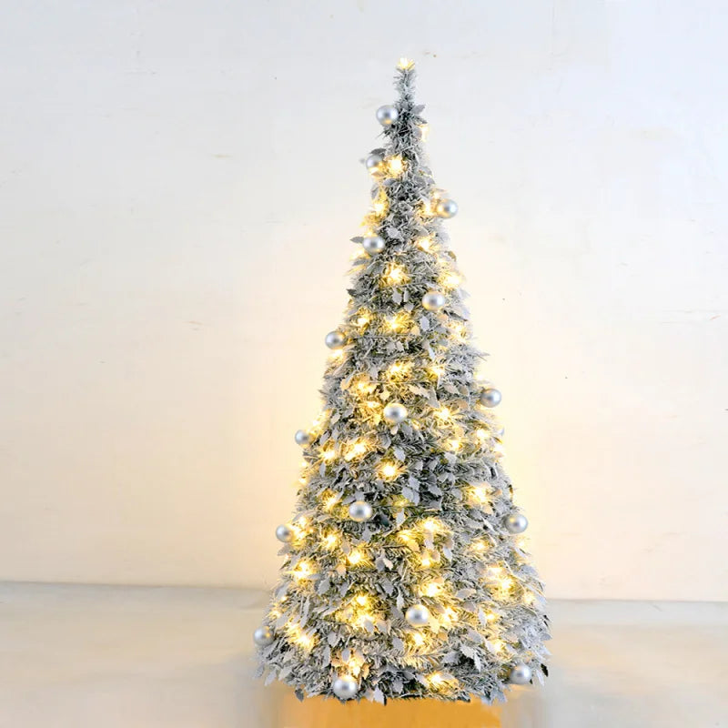 🎄✨ 1.5M Quick Setup Christmas Tree – Telescopic Flocking Tree with Lights | 4FT–6FT Folding Xmas Tree Holiday Decor ✨🎅
