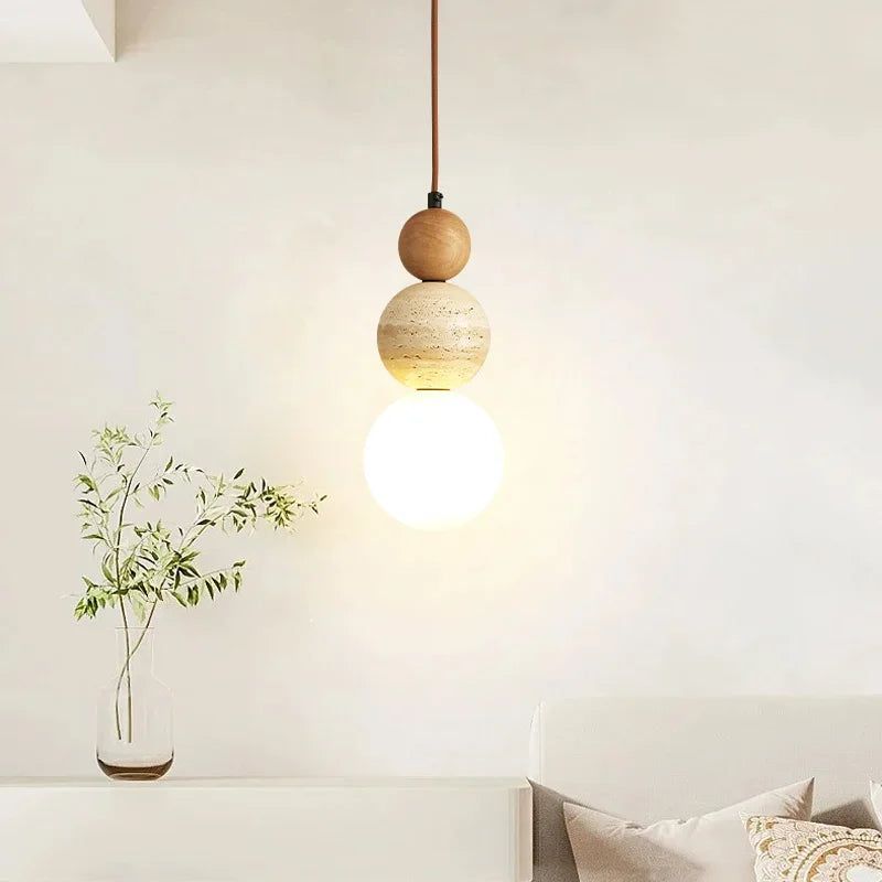 Cream Style Pendant Lamp – LED Stone & Wood Light