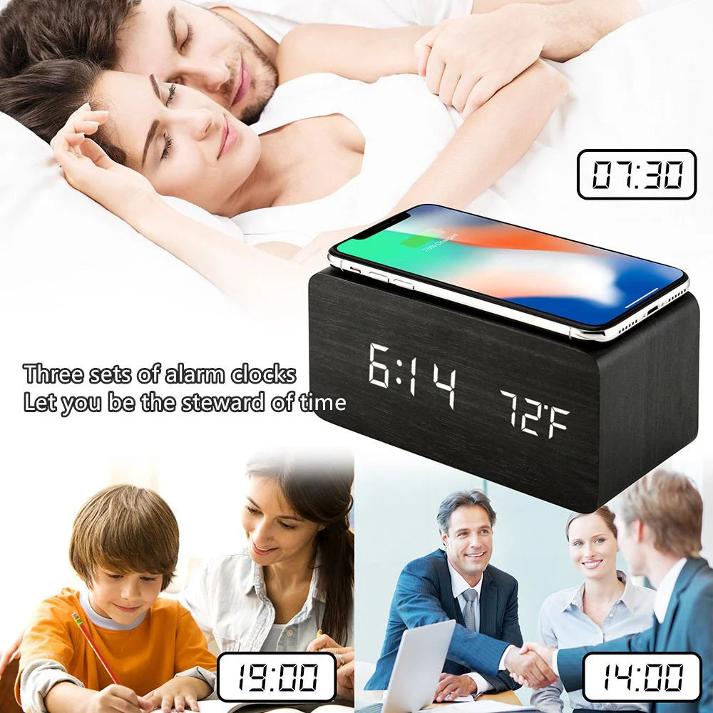 LED Digital Wooden Alarm Clock – USB/AAA Powered Table Clock with Temperature, Humidity, Wireless Charging for Desk