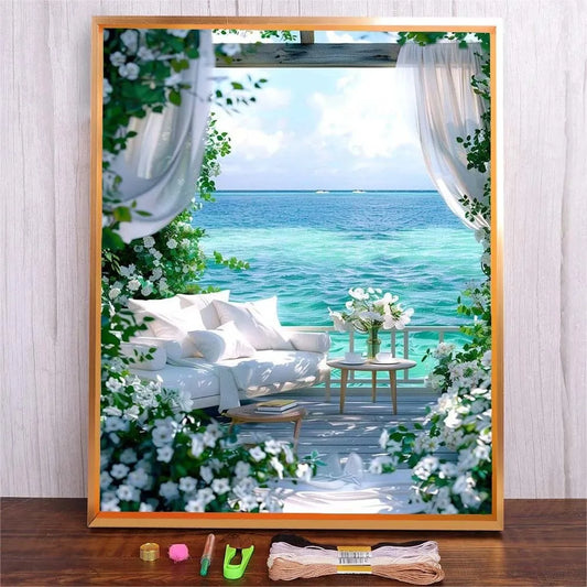 DIY Seascape Cross Stitch Kit – Printed Canvas, Cotton Threads, Complete Embroidery Set for Home Décor