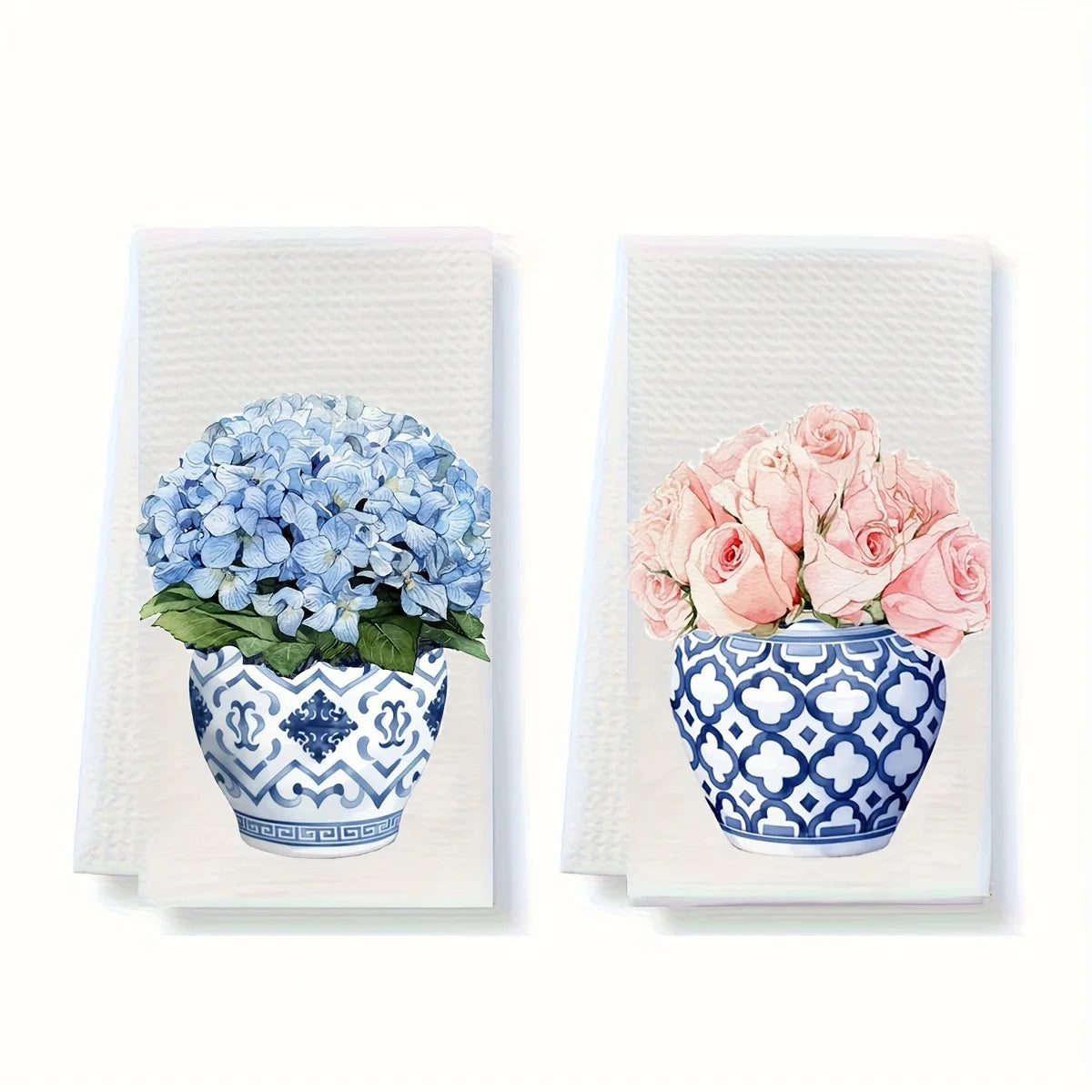 Blue & White Kitchen Towels – Hydrangea & Vase Print, Super Soft Fabric