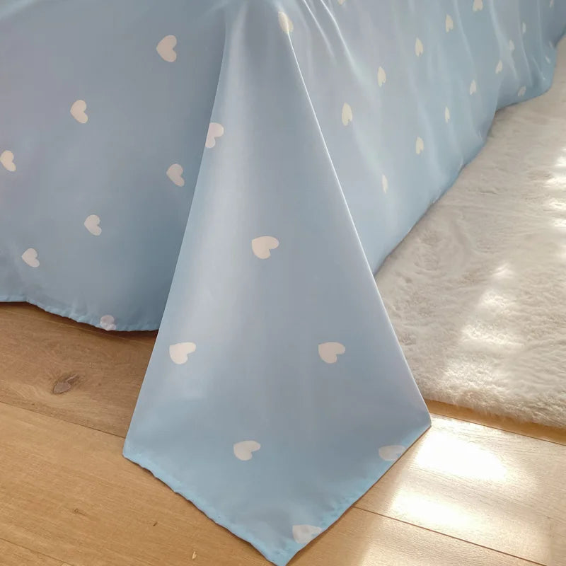 Ins Blue Love Heart Bedding Set – Soft Bed Sheet, Pillowcase & Duvet Cover for Women & Girls, Twin/Full/Queen