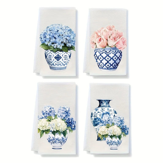 Blue & White Kitchen Towels – Hydrangea & Vase Print, Super Soft Fabric