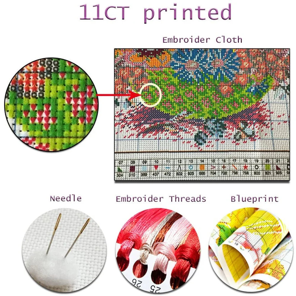 Seascape Cross Stitch Kit – Printed Canvas, Cotton Thread, DIY Embroidery Craft Set, Handmade Gift Idea