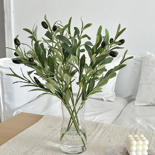 45CM Artificial Olive Branch with Fruit – 4-Fork Green Leaf Stem for Home Decoration & Photography Prop