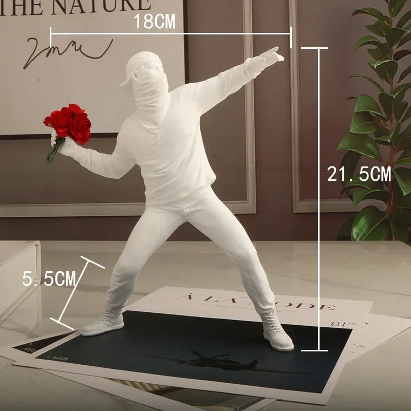 Modern Banksy-Inspired Flower Thrower Resin Sculpture – Designer Figurine for Living Room & Home Décor