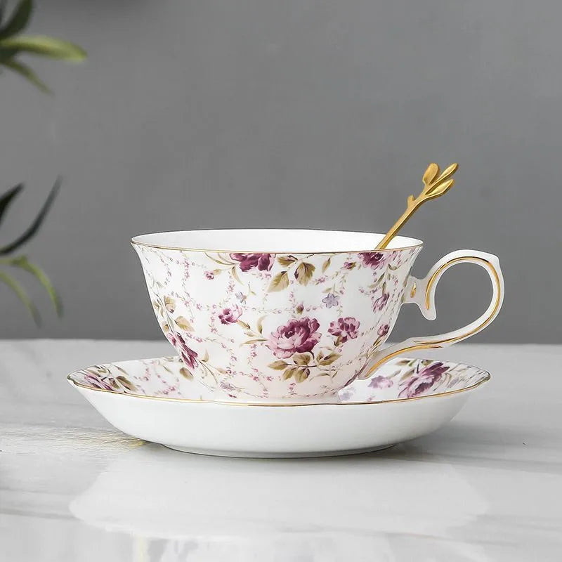 Ceramic Coffee Cup, Saucer & Spoon Set – European Porcelain Mug with Flower Design, Coffee & Tea Gift Set