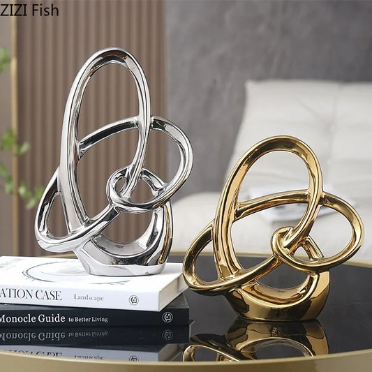 Modern Ceramic Ring Sculpture – Electroplated Decorative Figurine for Home